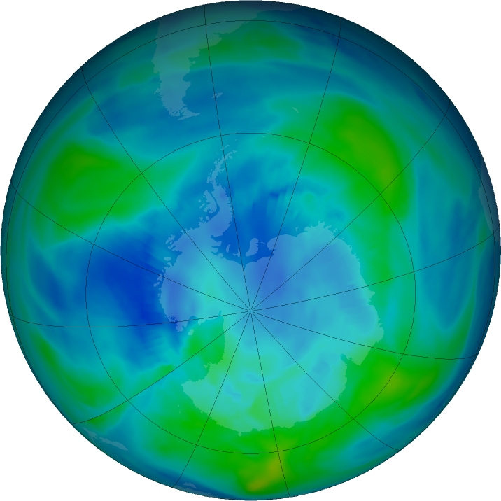 Antarctic ozone map for 15 April 2020